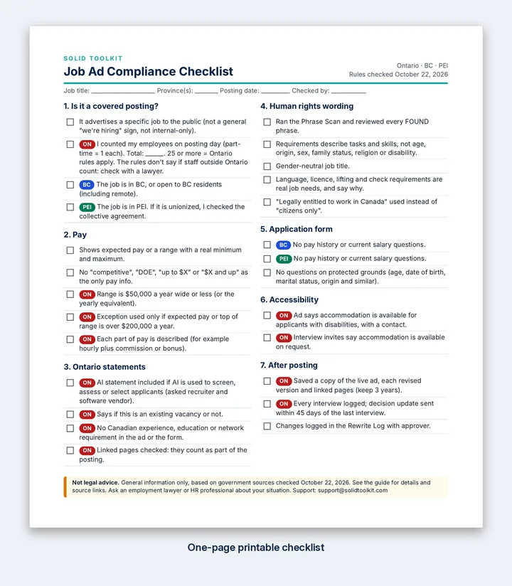 The one page printable job ad checklist, with tick boxes in groups.