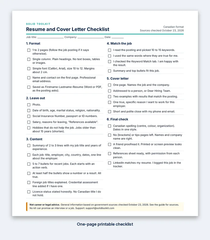 The one page printable resume and cover letter checklist, with tick boxes in groups.