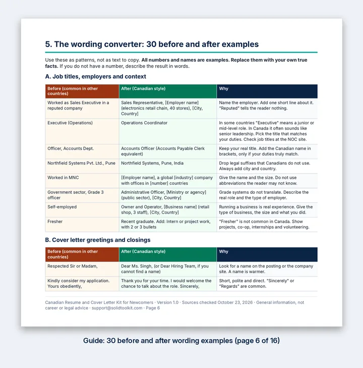 A page from the guide showing the before and after wording converter in a table.