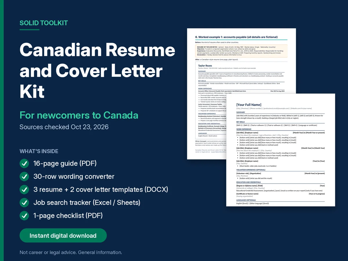 Cover of the Canadian Resume and Cover Letter Kit for Newcomers. Sources checked October 23, 2026.