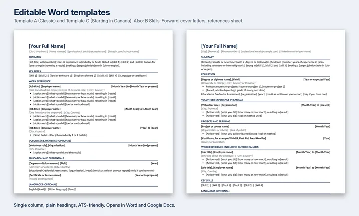 The editable Word resume templates shown side by side.